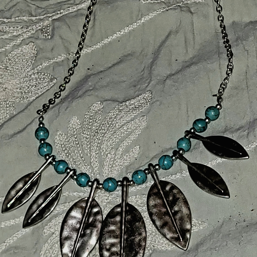 Silver Leaf Necklace with Turquoise Beads